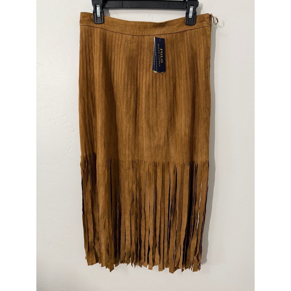 NWT $798 Polo Ralph Lauren Fringe Midi Skirt Size 8 Snuff Brown Goat Suede